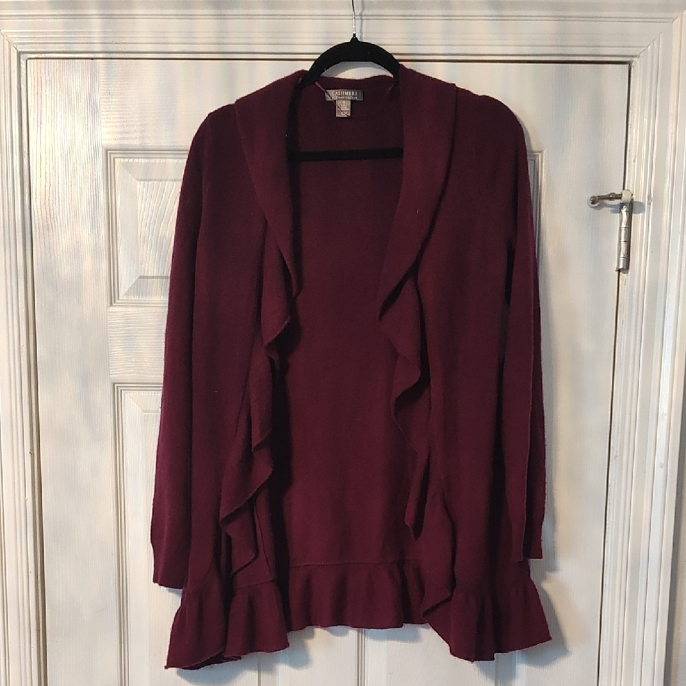 Charter Club Cashmere Maroon Ruffle-Front Open Cardigan
